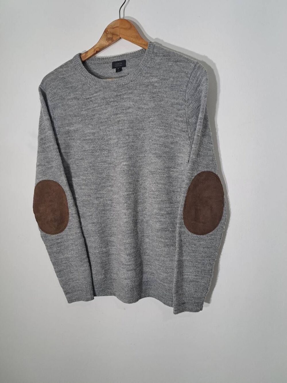 J.crew mens small wool cognac leather elbow patch sweater gray vintage remade